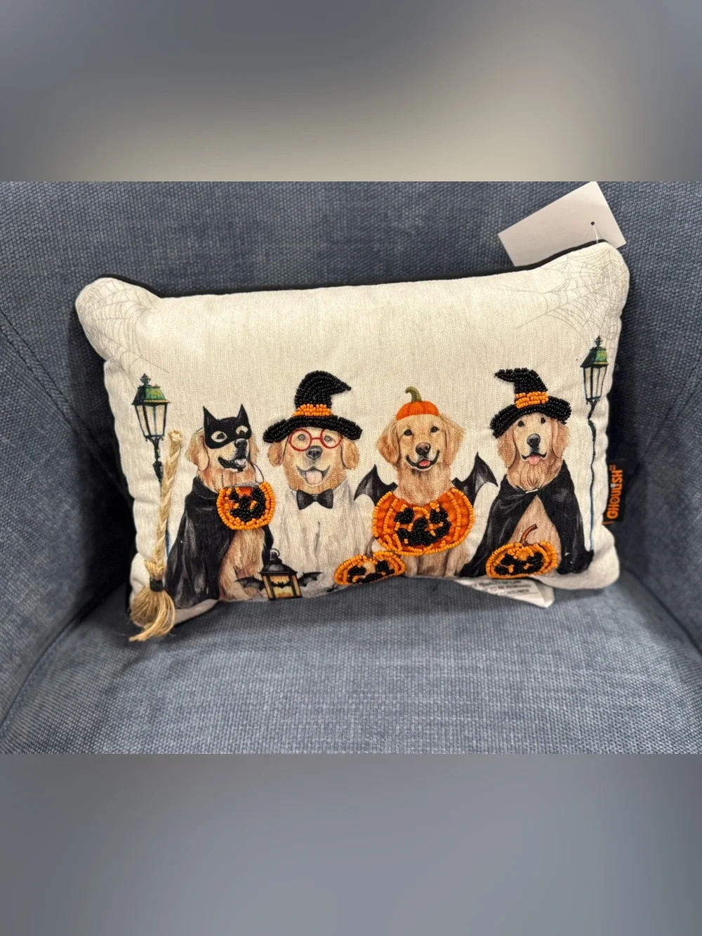 Festive Halloween Dog Accent Pillow in White and Orange
